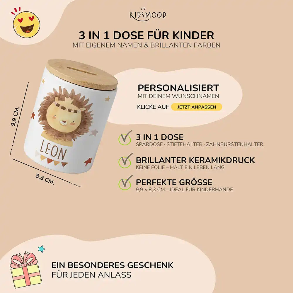 Personalisierte Spardose Löwe Boho – Keramik & Bambus mit Wunschname