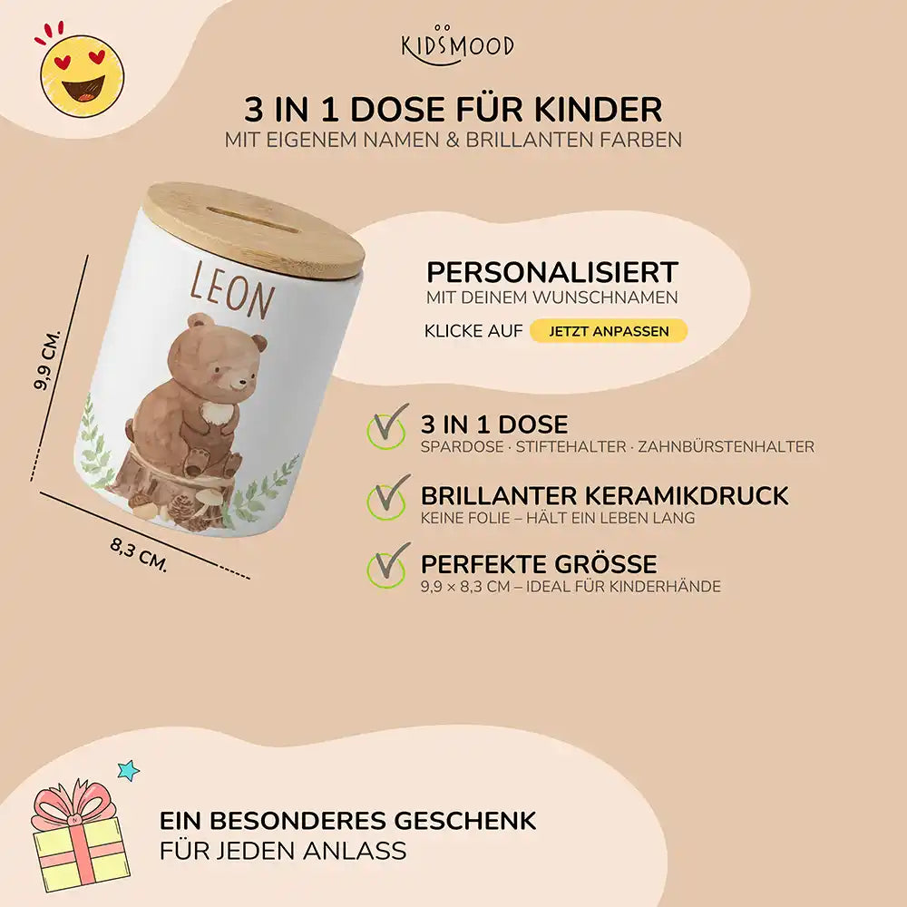 Personalisierte Spardose Bär Wald – Keramik & Bambus mit Wunschname