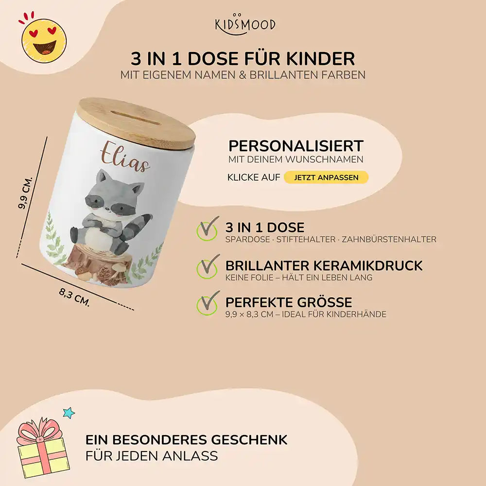 Personalisierte Spardose Waschbär Wald – Keramik & Bambus mit Wunschname