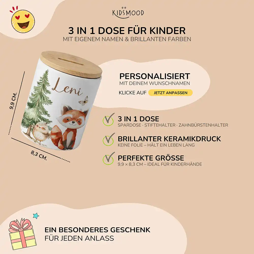 Personalisierte Spardose Roter Panda & Eule – Keramik & Bambus mit Wunschname