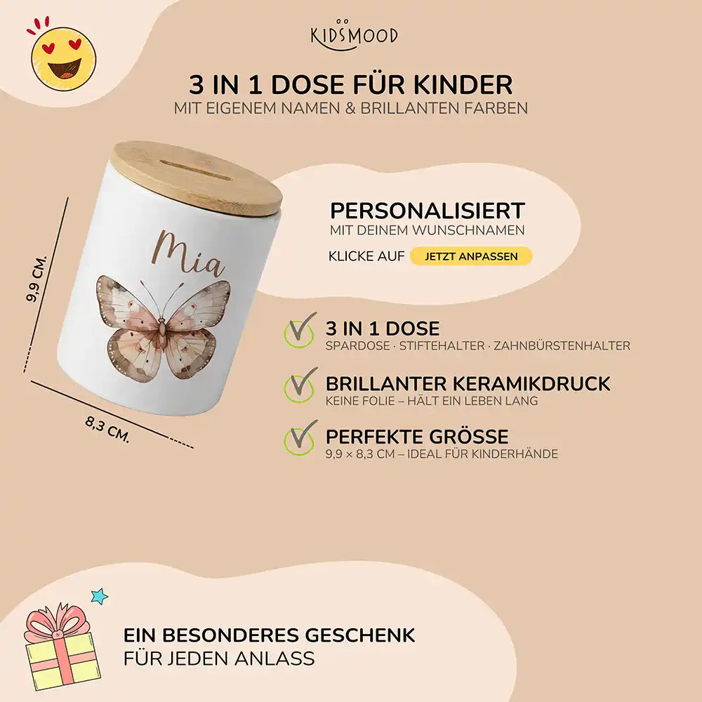 Personalisierte Spardose Schmetterling – Keramik & Bambus mit Wunschname