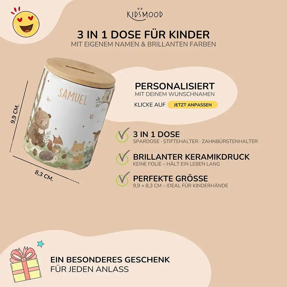 Personalisierte Spardose Waldfreunde I – Keramik & Bambus mit Wunschname