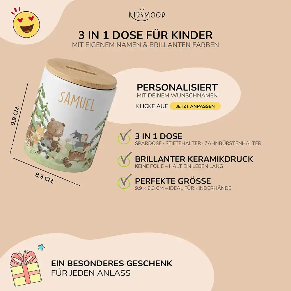 Personalisierte Spardose Waldfreunde II – Keramik & Bambus mit Wunschname