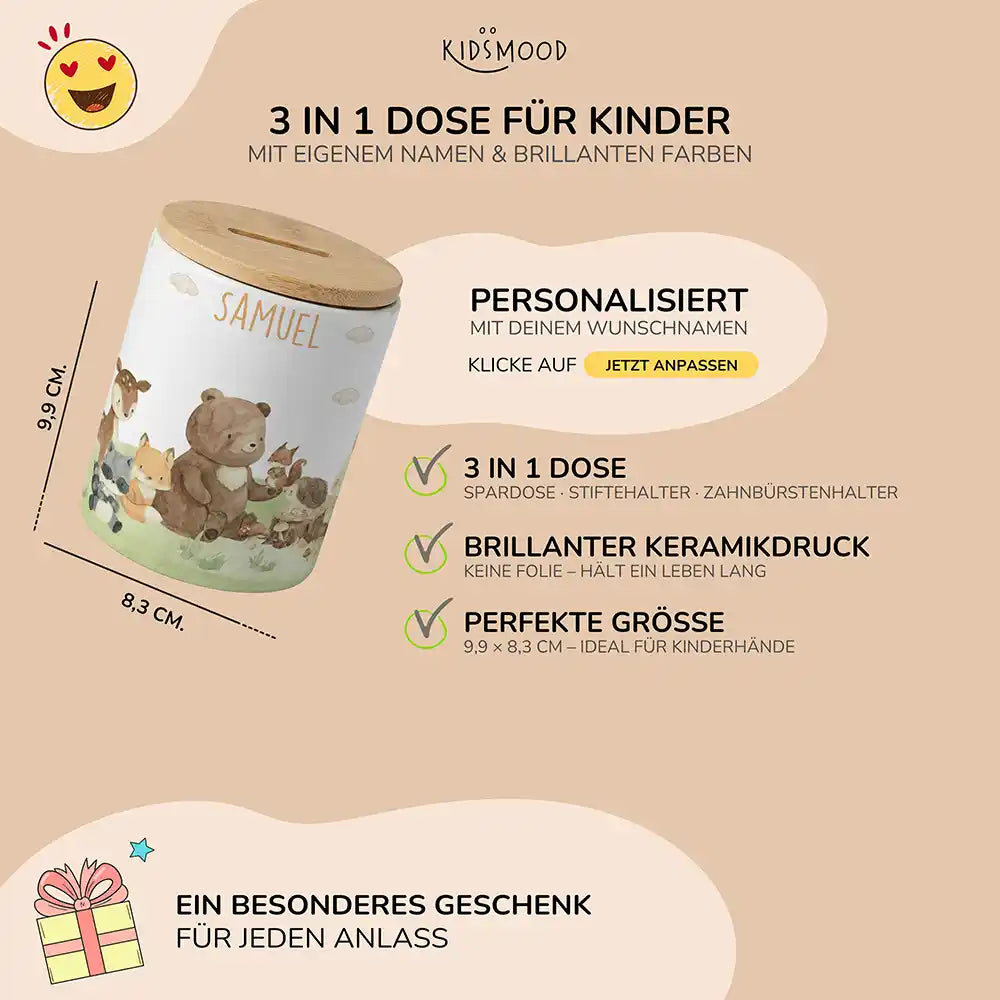 Personalisierte Spardose Waldfreunde IV – Keramik & Bambus mit Wunschname