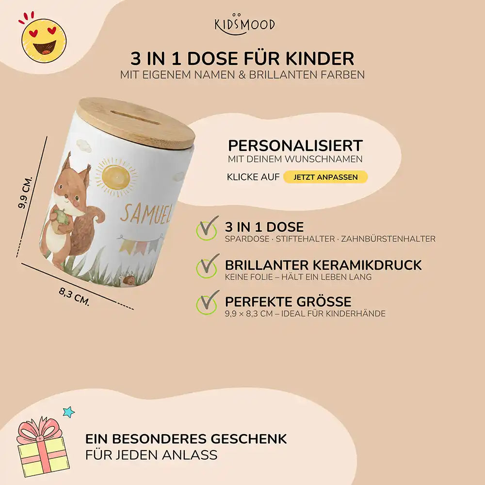 Personalisierte Spardose Eichhörnchen Sommer – Keramik & Bambus mit Wunschname