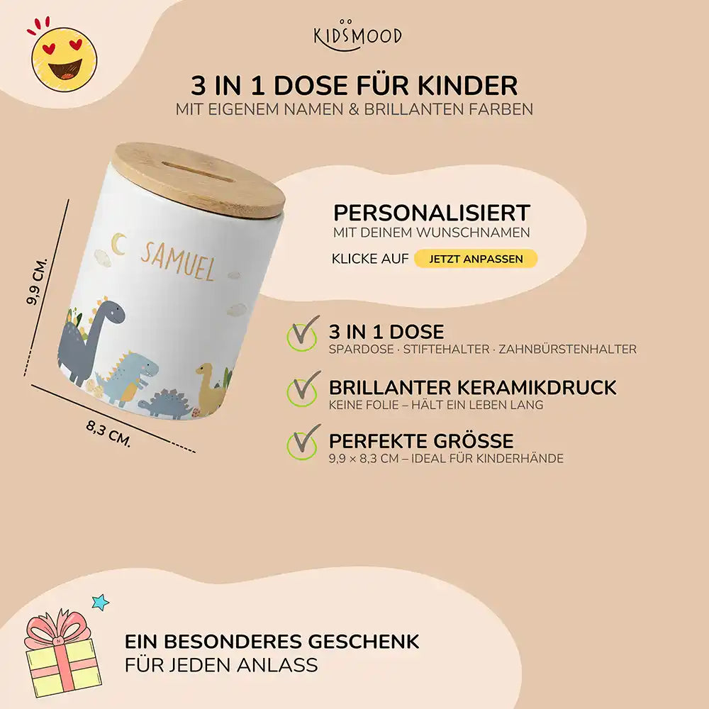 Personalisierte Spardose Dinosaurier Mond – Keramik & Bambus mit Wunschname