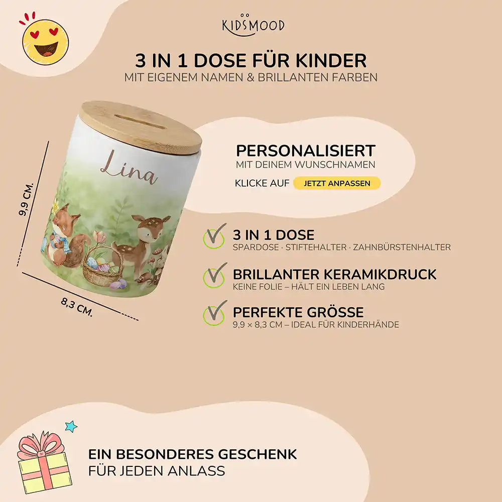 Personalisierte Spardose Ostern Reh & Fuchs – Keramik & Bambus mit Wunschname
