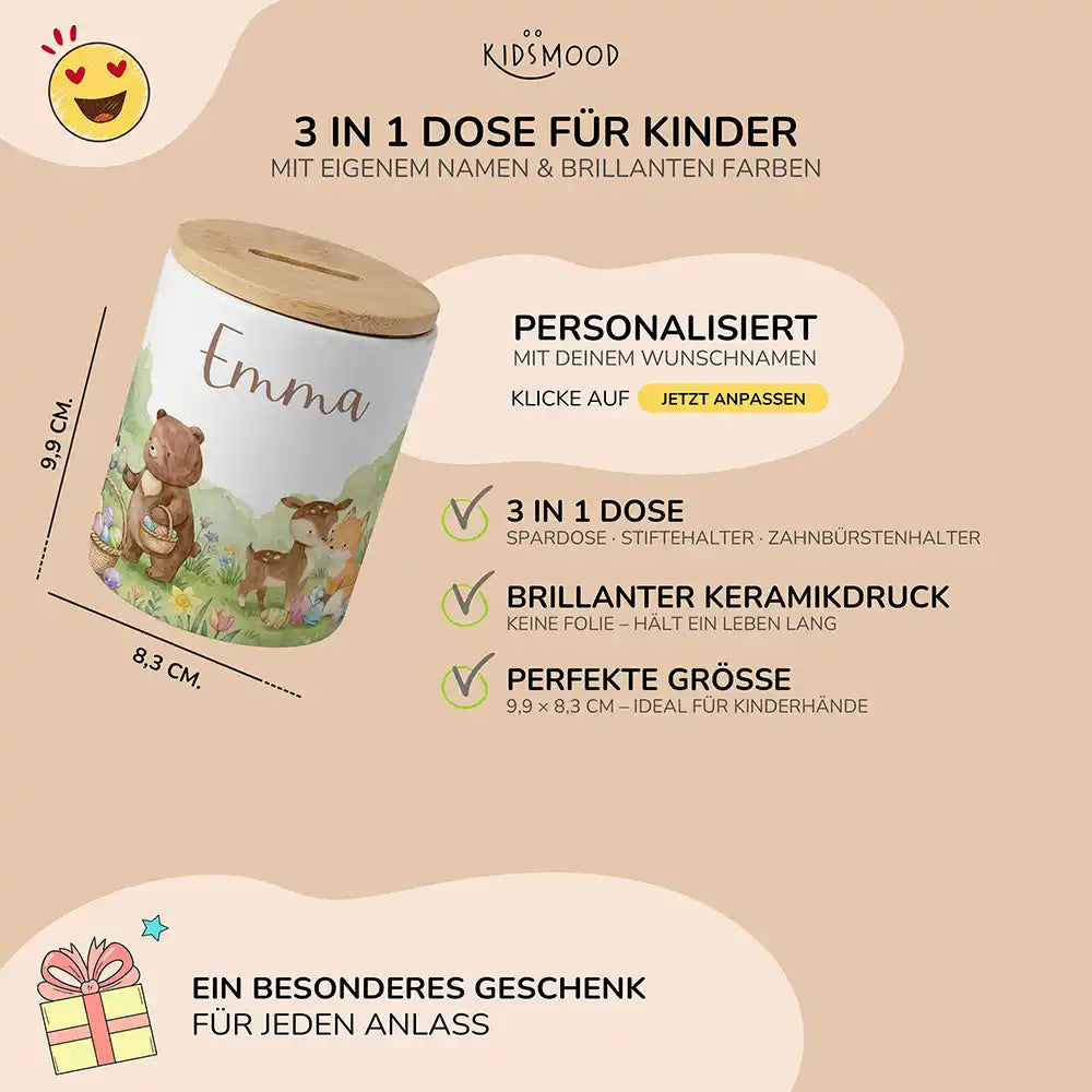 Personalisierte Spardose Ostern Bärenfamilie – Keramik & Bambus mit Wunschname