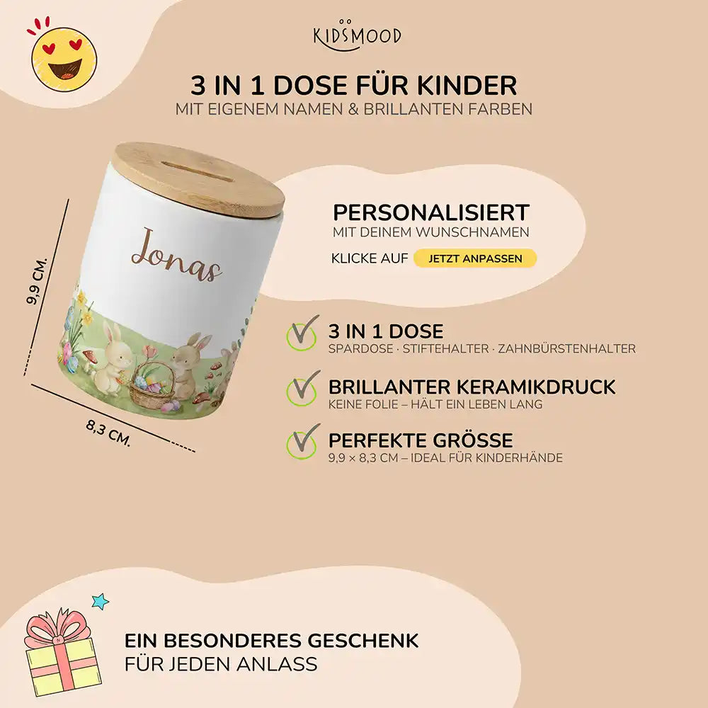 Personalisierte Spardose Ostern Frühlingswiese – Keramik & Bambus mit Wunschname
