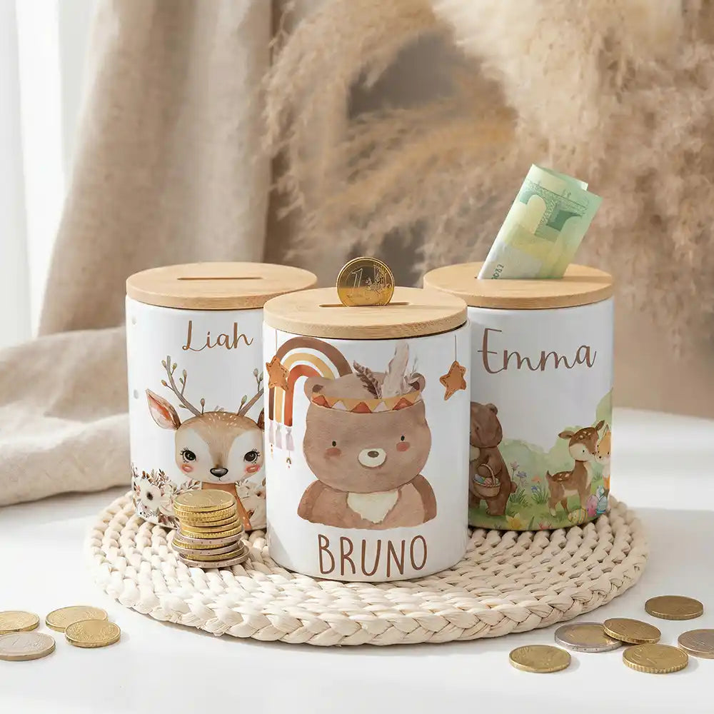 Personalisierte Spardose Boho-Bär – Keramik & Bambus mit Wunschname