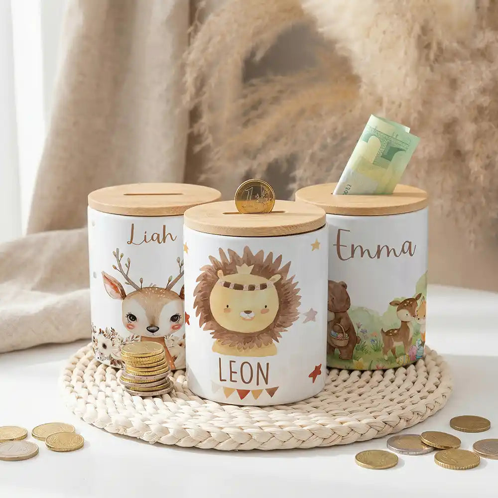 Personalisierte Spardose Löwe Boho – Keramik & Bambus mit Wunschname