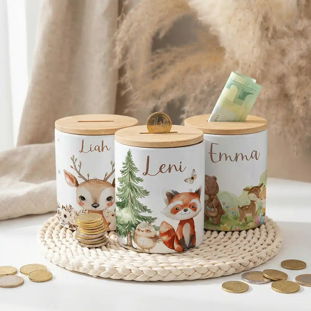 Personalisierte Spardose Roter Panda & Eule – Keramik & Bambus mit Wunschname