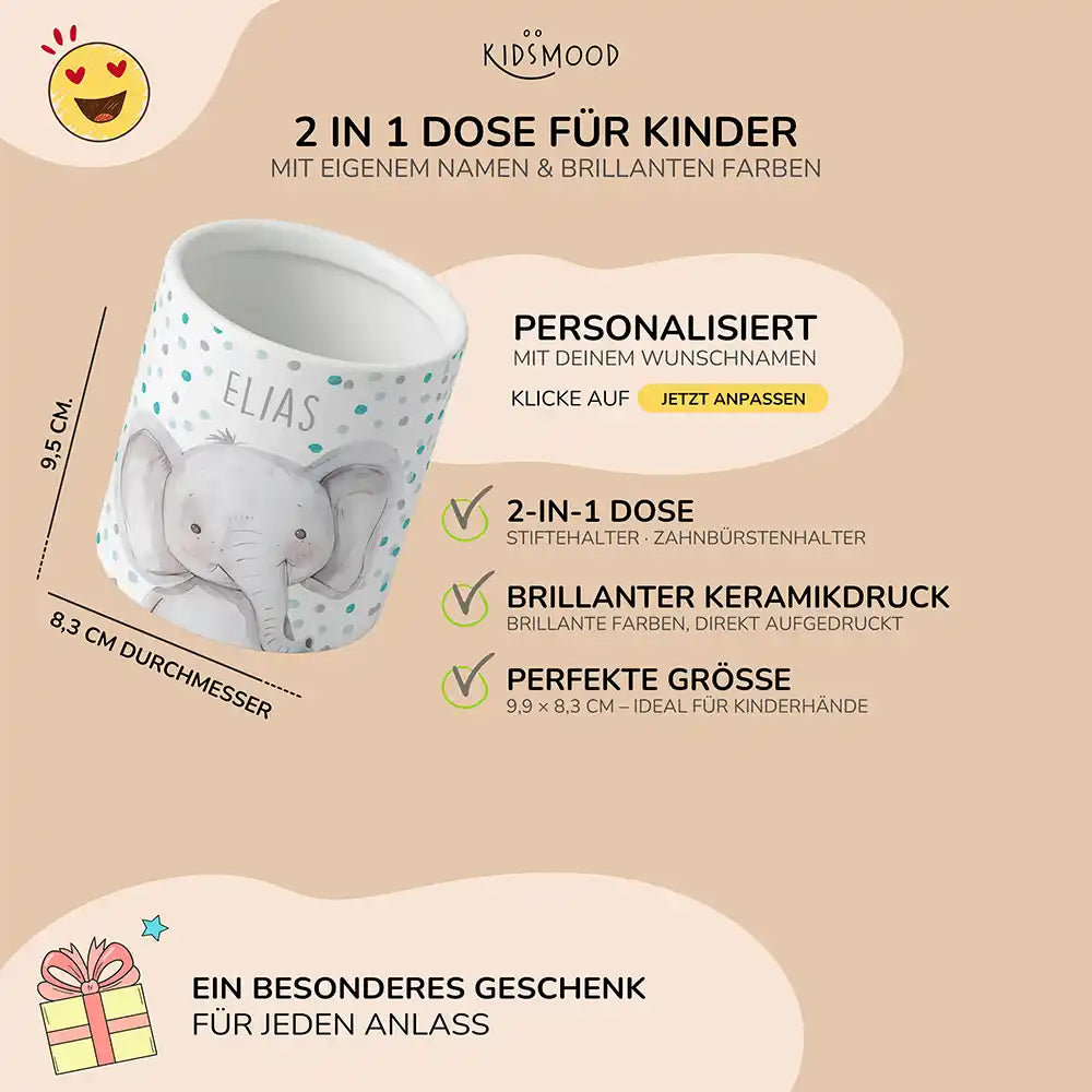 Personalisierter Stiftehalter Elefant Konfetti - liebevolle Geschenkidee fürs Kinderzimmer