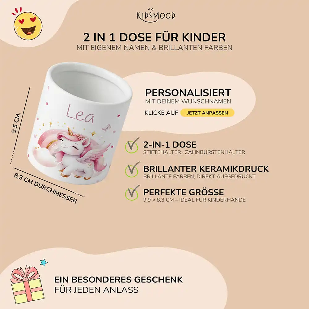 Personalisierter Stiftehalter Einhorn Flügel - liebevolle Geschenkidee fürs Kinderzimmer