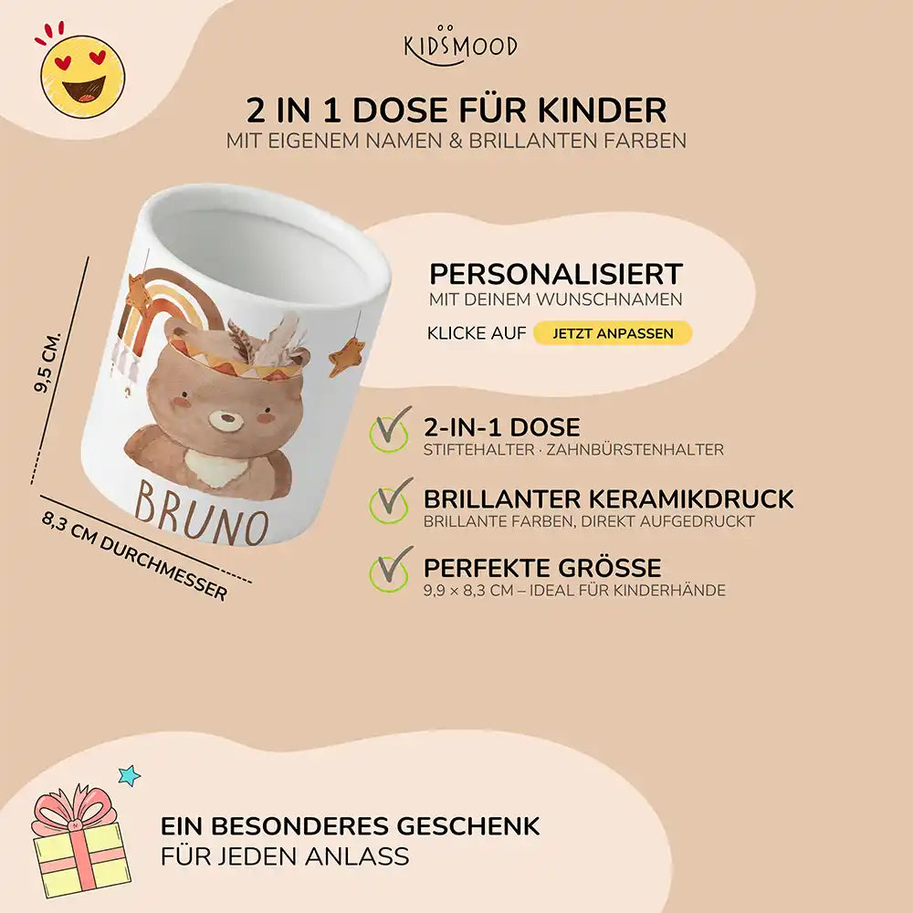 Personalisierter Stiftehalter Boho-Bär - liebevolle Geschenkidee fürs Kinderzimmer