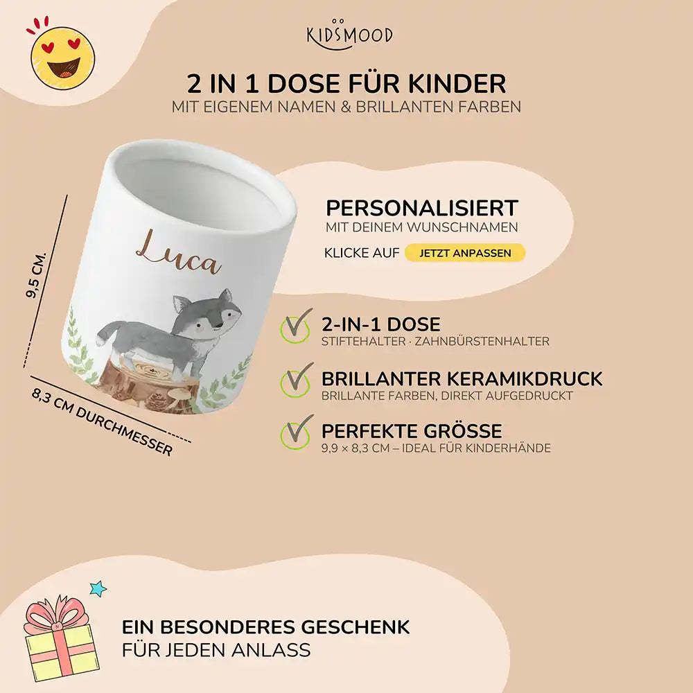 Personalisierter Stiftehalter Wolf Wald - liebevolle Geschenkidee fürs Kinderzimmer