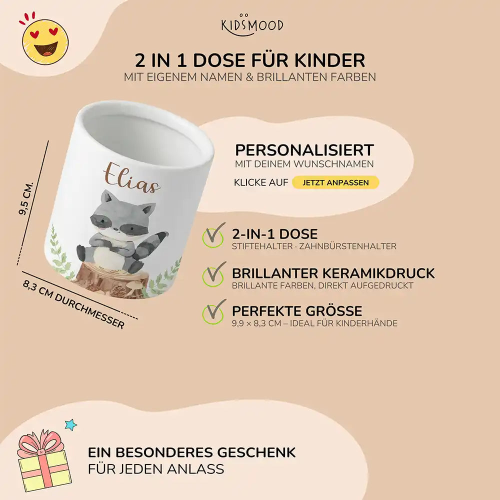 Personalisierter Stiftehalter Waschbär Wald - liebevolle Geschenkidee fürs Kinderzimmer