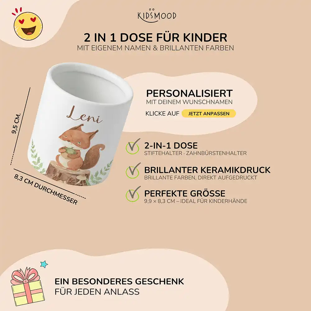 Personalisierter Stiftehalter Eichhörnchen - liebevolle Geschenkidee fürs Kinderzimmer