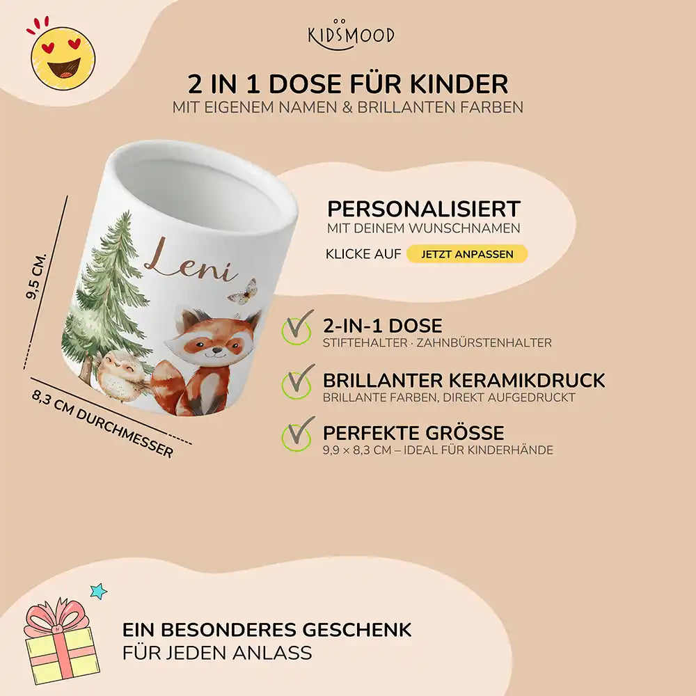Personalisierter Stiftehalter Roter Panda & Eule - liebevolle Geschenkidee fürs Kinderzimmer