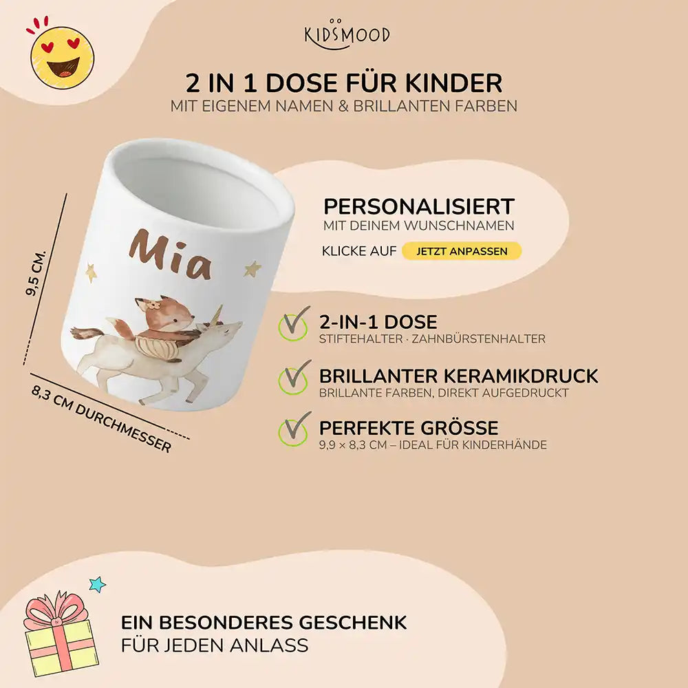 Personalisierter Stiftehalter Fuchs & Einhorn - liebevolle Geschenkidee fürs Kinderzimmer