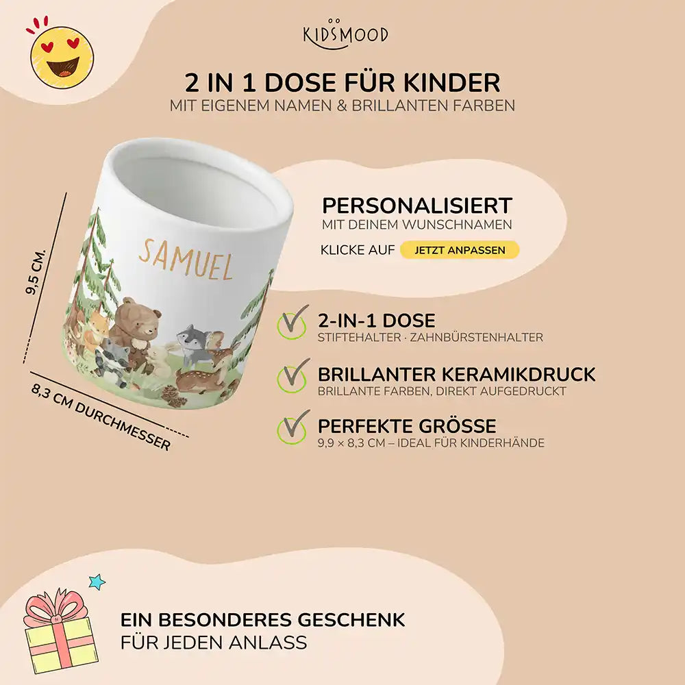 Personalisierter Stiftehalter Waldfreunde II - liebevolle Geschenkidee fürs Kinderzimmer