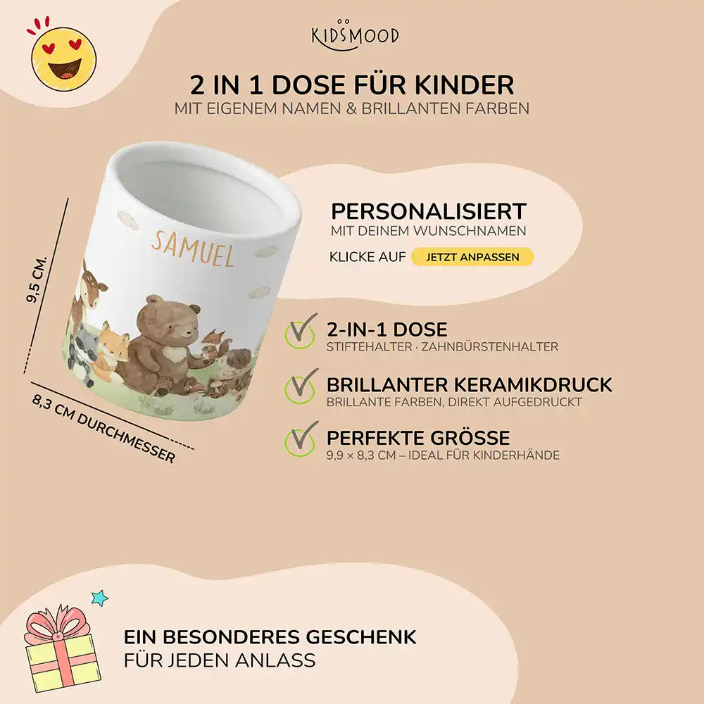 Personalisierter Stiftehalter Waldfreunde IV - liebevolle Geschenkidee fürs Kinderzimmer