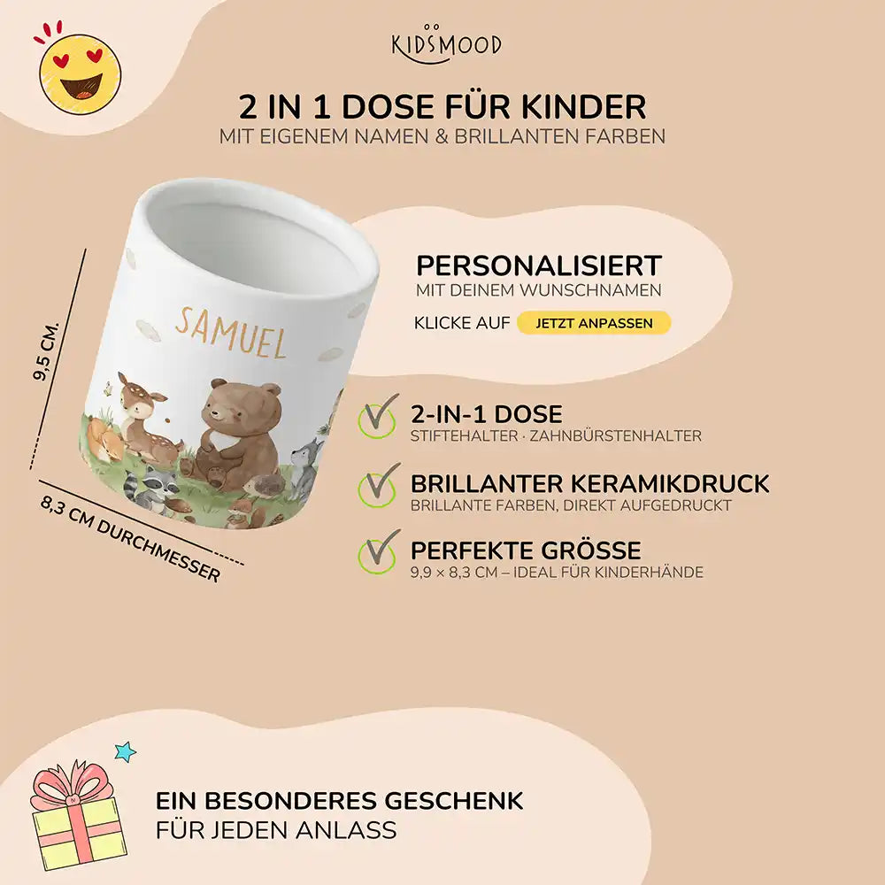 Personalisierter Stiftehalter Waldfreunde VI - liebevolle Geschenkidee fürs Kinderzimmer