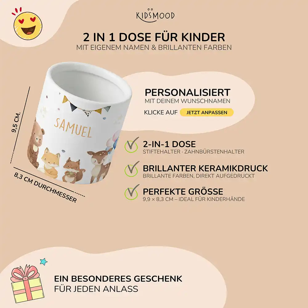 Personalisierter Stiftehalter Waldtiere Party - liebevolle Geschenkidee fürs Kinderzimmer