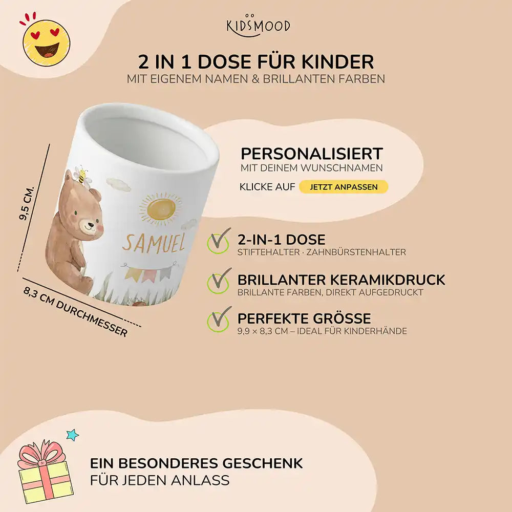 Personalisierter Stiftehalter Bär Sommer - liebevolle Geschenkidee fürs Kinderzimmer