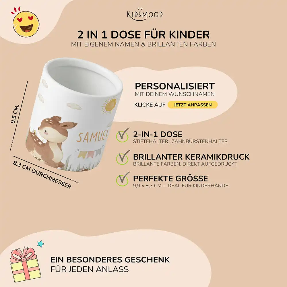 Personalisierter Stiftehalter Rehkitz Sonne - liebevolle Geschenkidee fürs Kinderzimmer