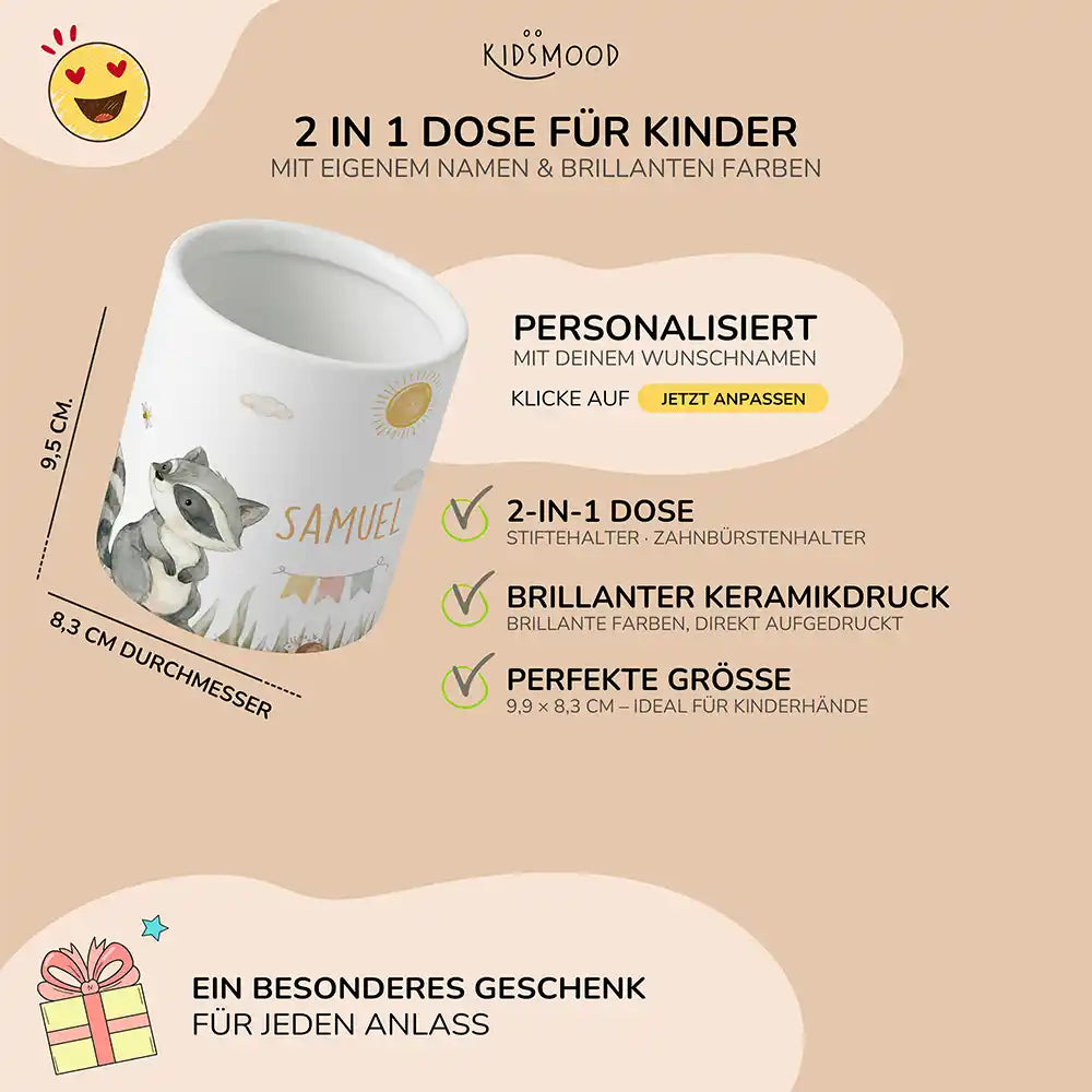 Personalisierter Stiftehalter Waschbär Sommer - liebevolle Geschenkidee fürs Kinderzimmer