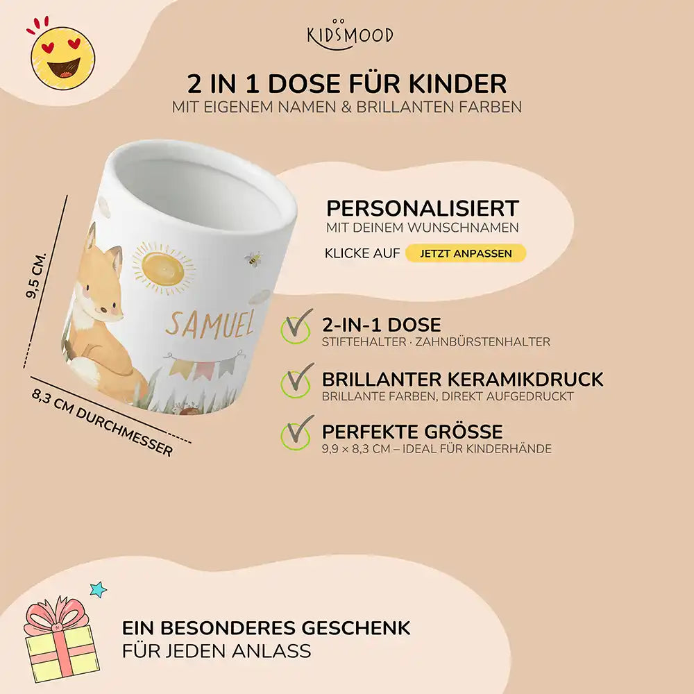 Personalisierter Stiftehalter Fuchs Sommer - liebevolle Geschenkidee fürs Kinderzimmer