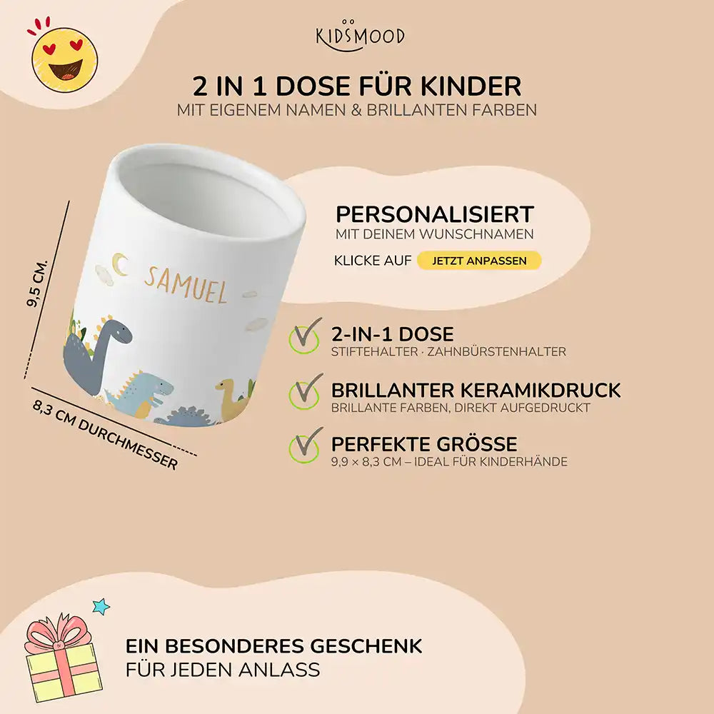 Personalisierter Stiftehalter Dinosaurier Mond - liebevolle Geschenkidee fürs Kinderzimmer