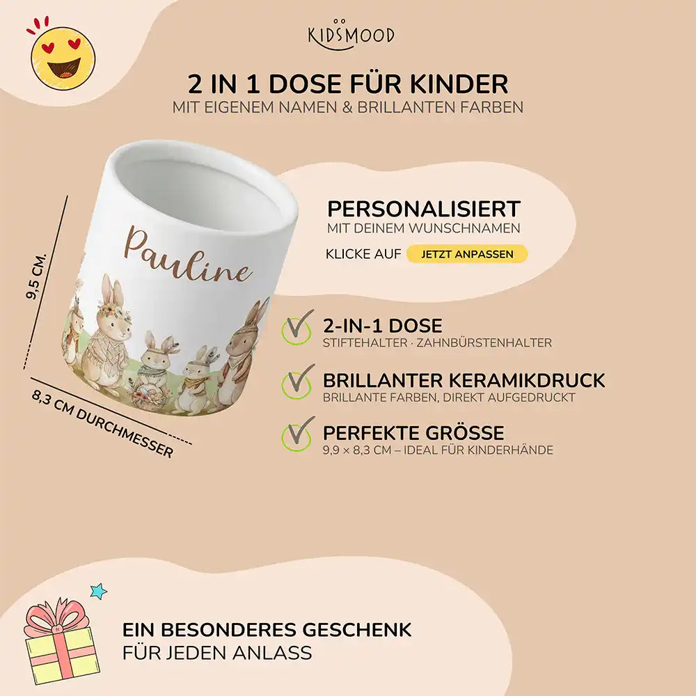 Personalisierter Stiftehalter Boho-Hasen - liebevolle Geschenkidee fürs Kinderzimmer