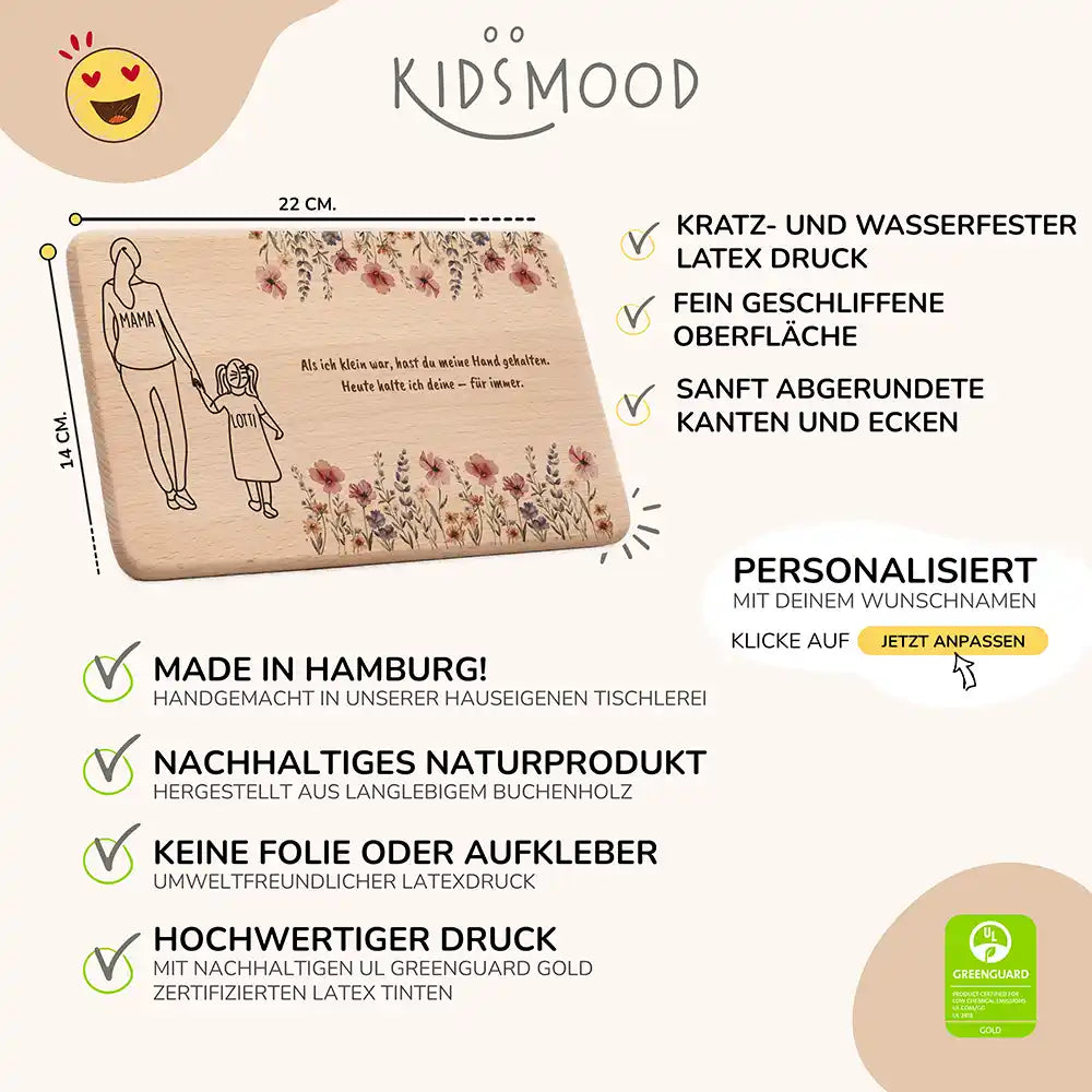 Personalisiertes Frühstücksbrettchen Muttertag Mama & Tochter Wildblumen – Produktdetails 22×14 cm Buchenholz