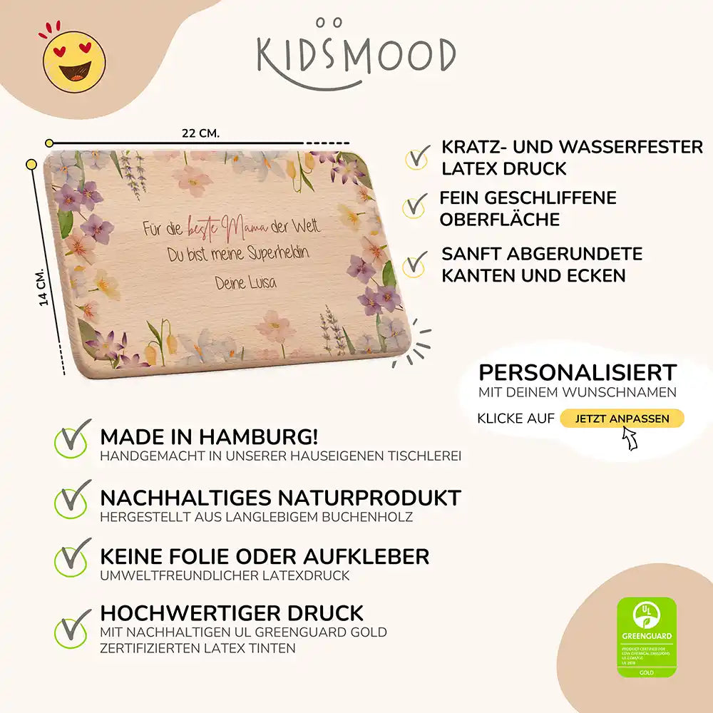 Personalisiertes Frühstücksbrettchen Muttertag Beste Mama Blütenstreuung – Produktdetails 22×14 cm Buchenholz