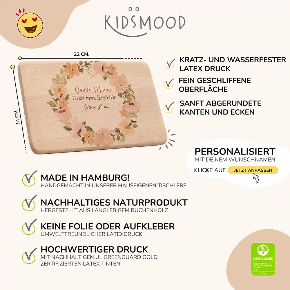 Personalisiertes Frühstücksbrettchen Muttertag Danke Mama Rosenkranz – Produktdetails 22×14 cm Buchenholz