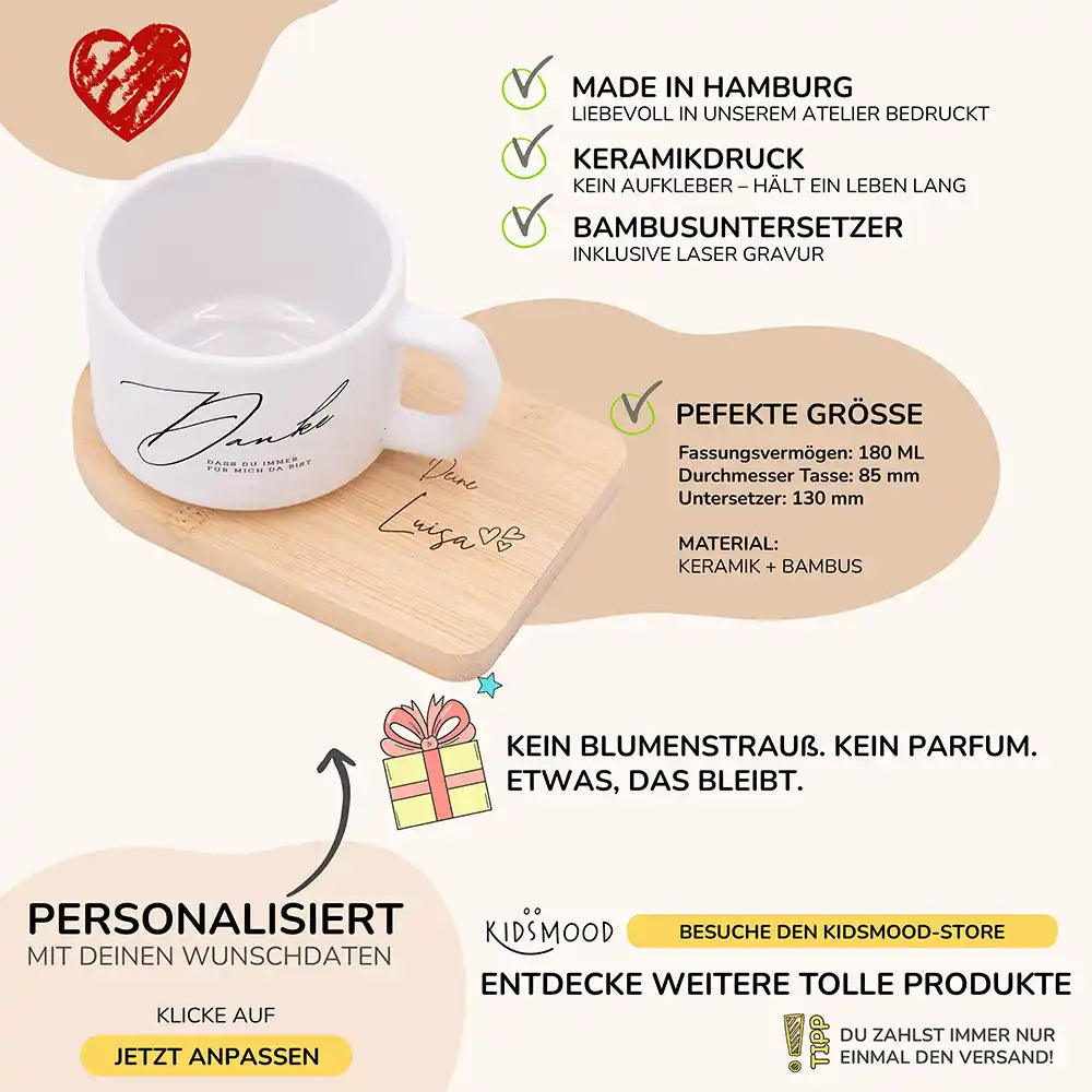 Tasse mit Name Muttertag Danke – immer für mich da – Produktdetails Keramikbecher 180 ml