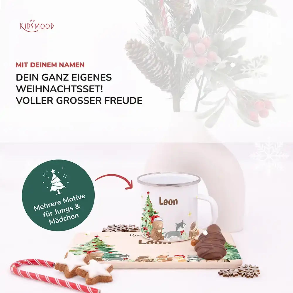 Weihnachts-Set Frühstücksbrettchen und  Emaille Tasse - Niedliche Waldtiere