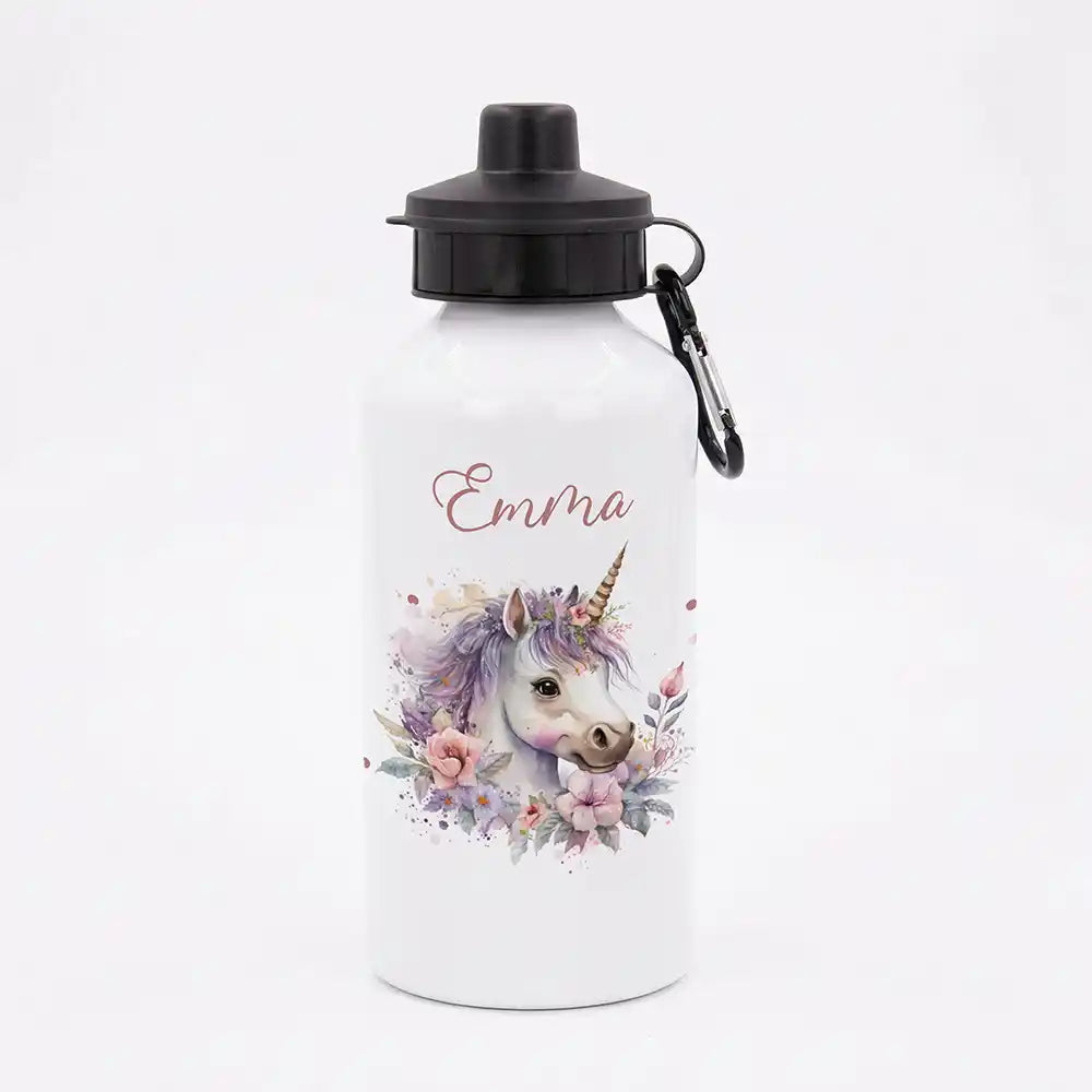 Personalisierte Trinkflasche Kinder Einhorn Blumenkranz – Geschenk zur Einschulung