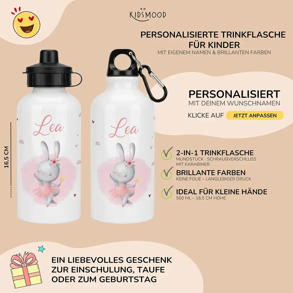 Personalisierte Trinkflasche Kinder Hase Ballerina – Alu für Schule, Sport & Ausflug