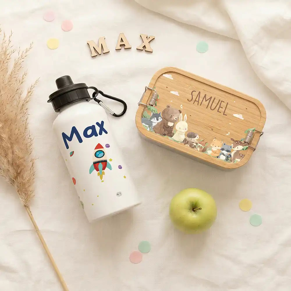 Personalisierte Trinkflasche Kinder Rakete Weltall – mit Karabiner personalisiert