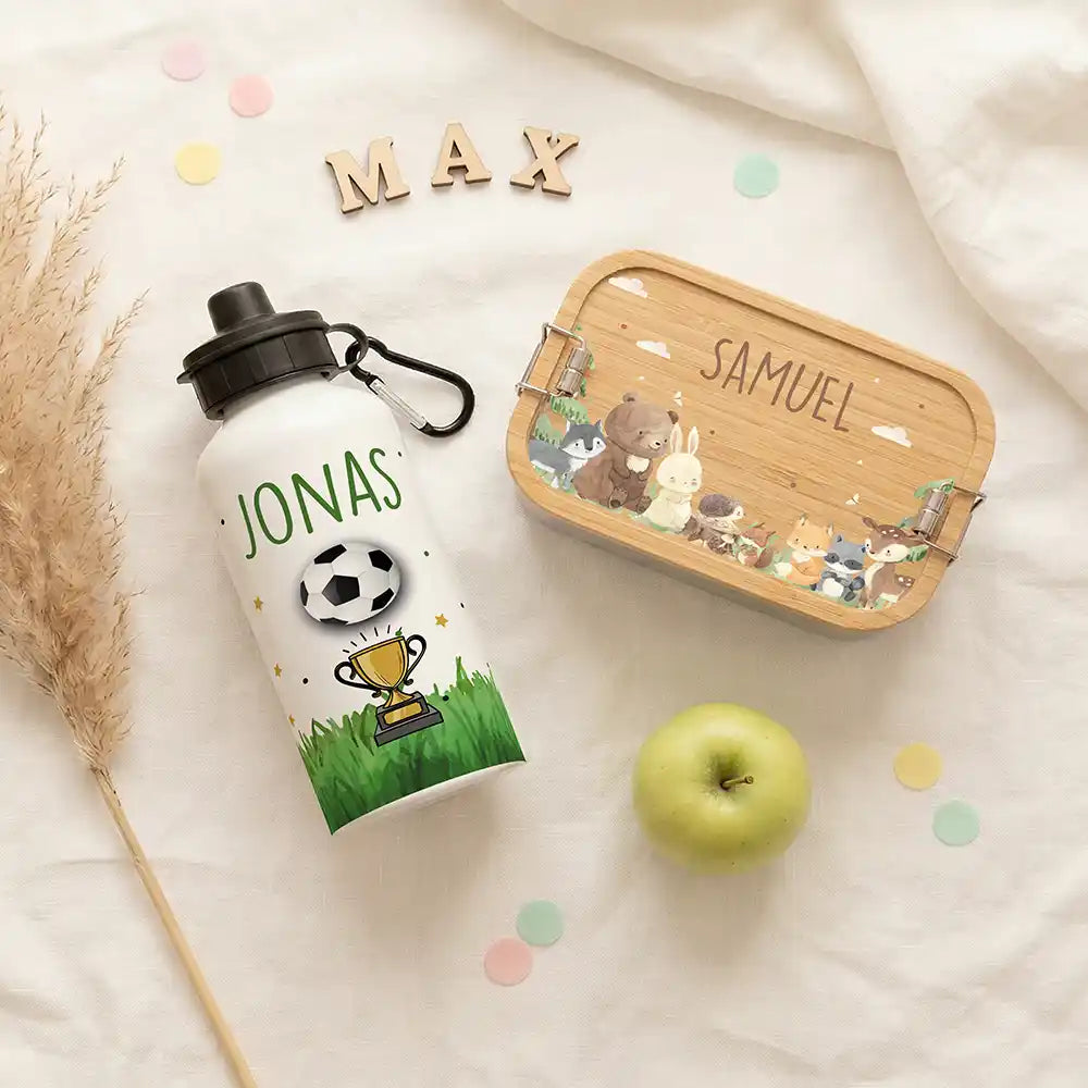 Personalisierte Trinkflasche Kinder Fußball Pokal – mit Karabiner personalisiert