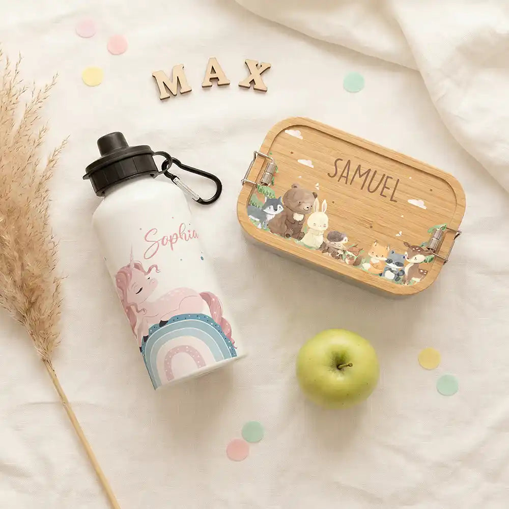 Personalisierte Trinkflasche Kinder Einhorn Rosa Regenbogen – mit Karabiner personalisiert