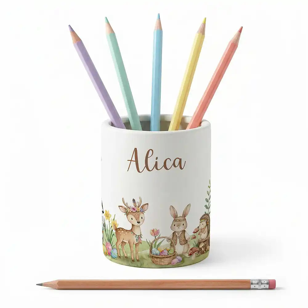 Personalisierter Stiftehalter mit Namen Alice, Oster Waldtiere-Treff, Keramikbecher mit Stiften